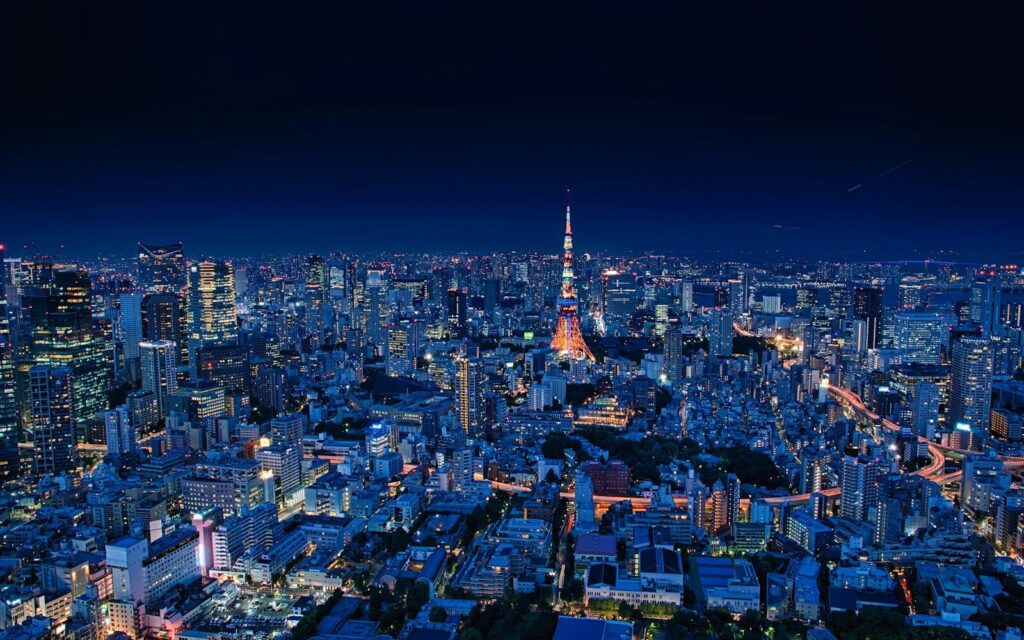 Vista aérea dos edifícios da cidade durante a noite