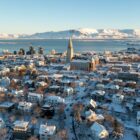 An aerial view of a city in winter