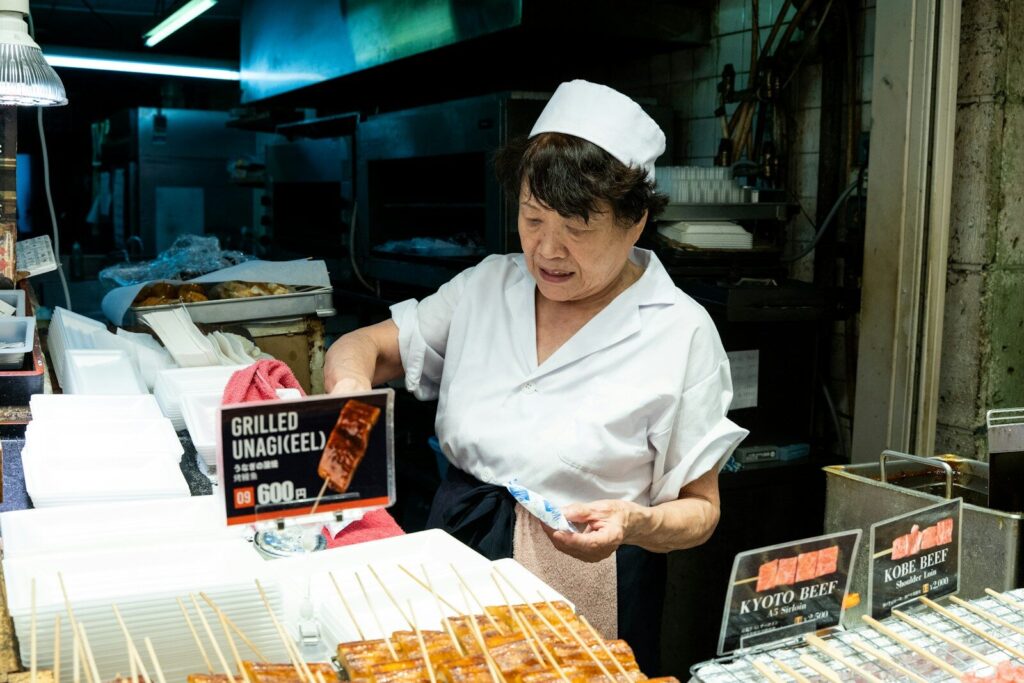 Street food stalls at Nishiki Market, Kyoto