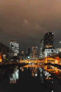 Osaka skyline lit up at night, reflected in the river
