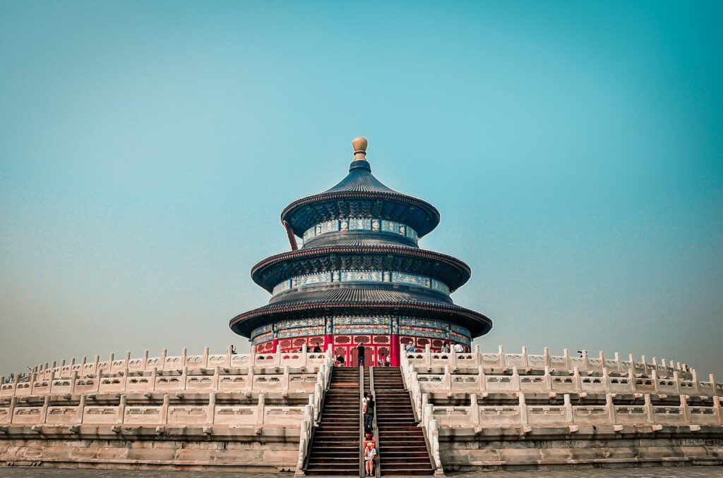 The Temple of Heaven with its tiered blue roof in Beijing, China