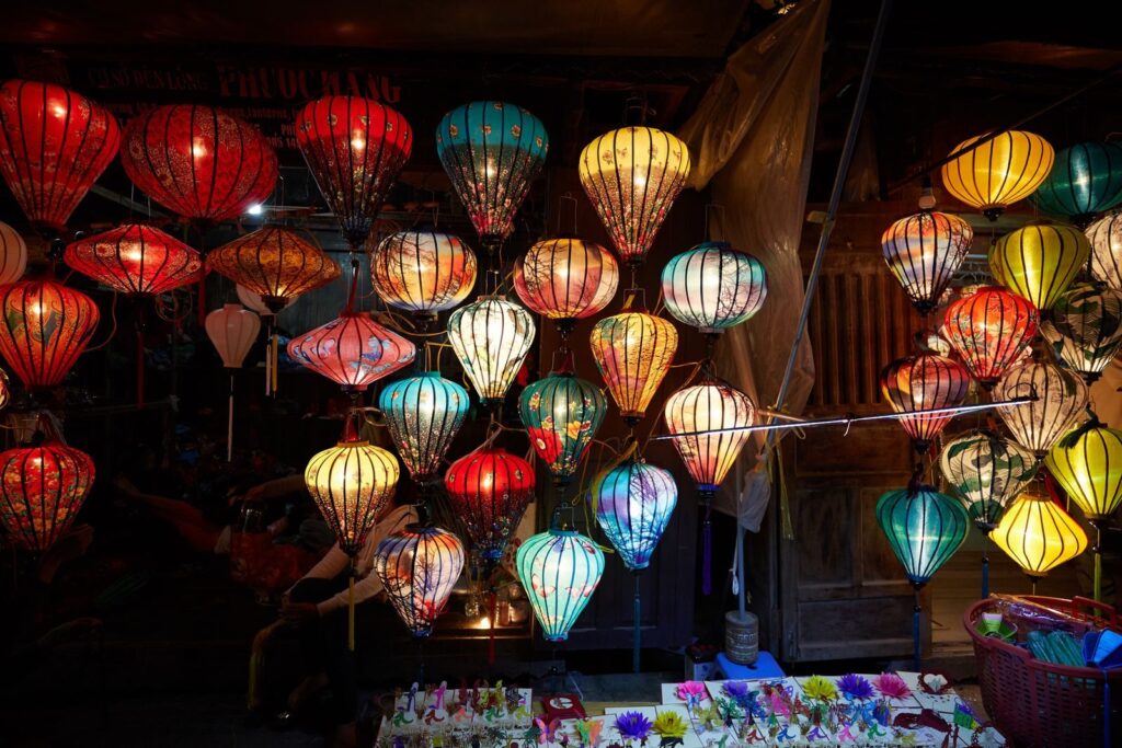 Colorful paper lanterns illuminate the Hội An Night Market with vibrant hues.