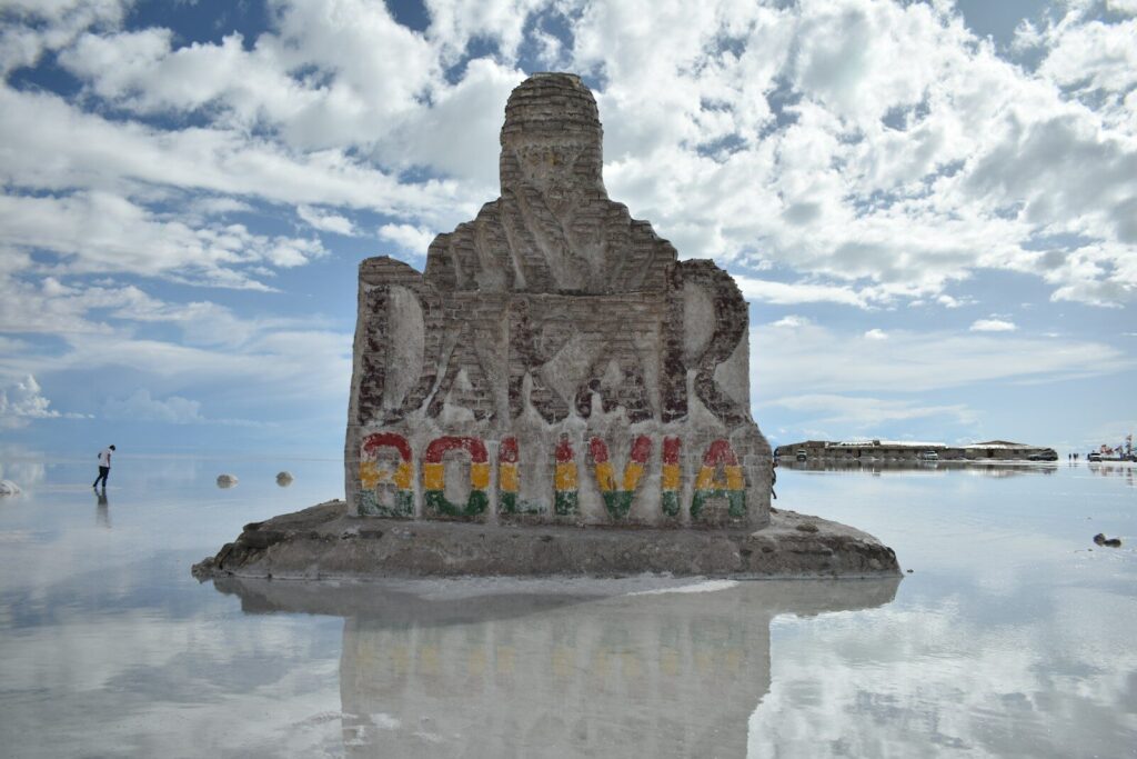 Salt-block monument on the edge of the Salar de Uyuni, Bolivia
